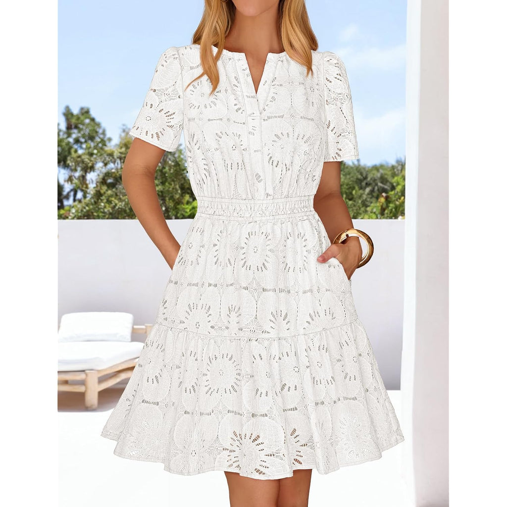 Merokeety Women'S Summer Lace Boho Mini Dress 2026 Short Sleeve Floral Eyelet A Line Vacation Beach Short Sundress