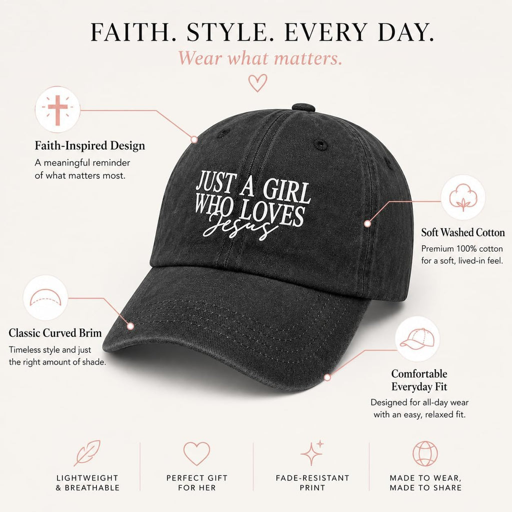 JUSTS A Girls WHO Loves Jesus Hats for Women Aesthetic Washed Distressed Allblack
