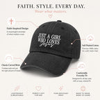 JUSTS A Girls WHO Loves Jesus Hats for Women Aesthetic Washed Distressed Allblack