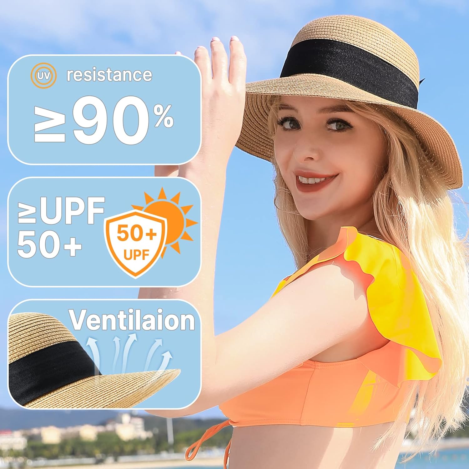 Beach Sun Straw Hats for Women, UPF 50+ UV Sun Protection Wide Brim Summer Straw Hat Foldable Packable Roll up Cap