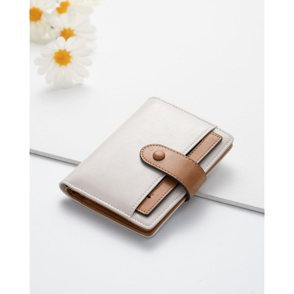 Alldaily Small Slim RFID Blocking Leather Wallet for Women, Bifold with 10 Card Slots and Coin Pocket (White&Brown)