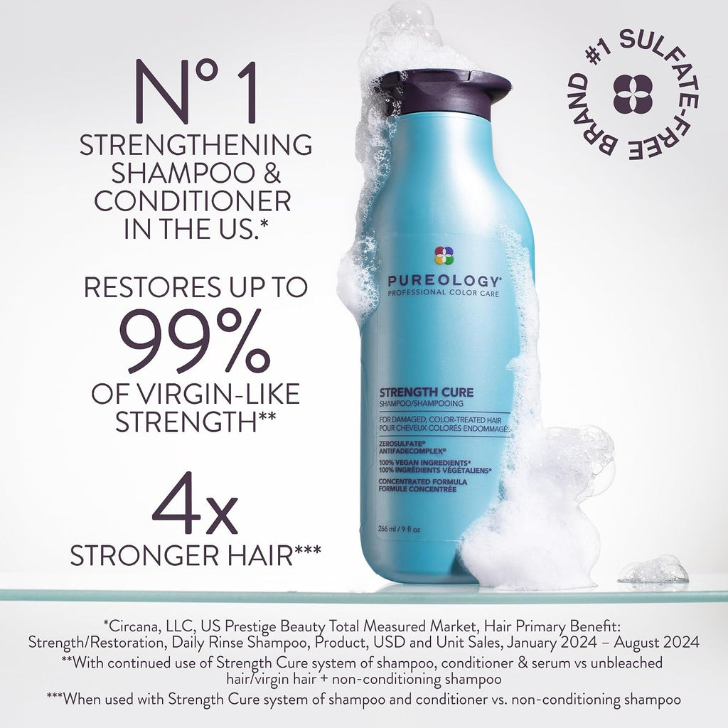 Pureology Strength Cure Shampoo - For Damaged Or Color Treated Hair, Hair Repair, Reduces Damage & Seals Split Ends, Protects Color Vibrancy, Vegan & Sulfate Free