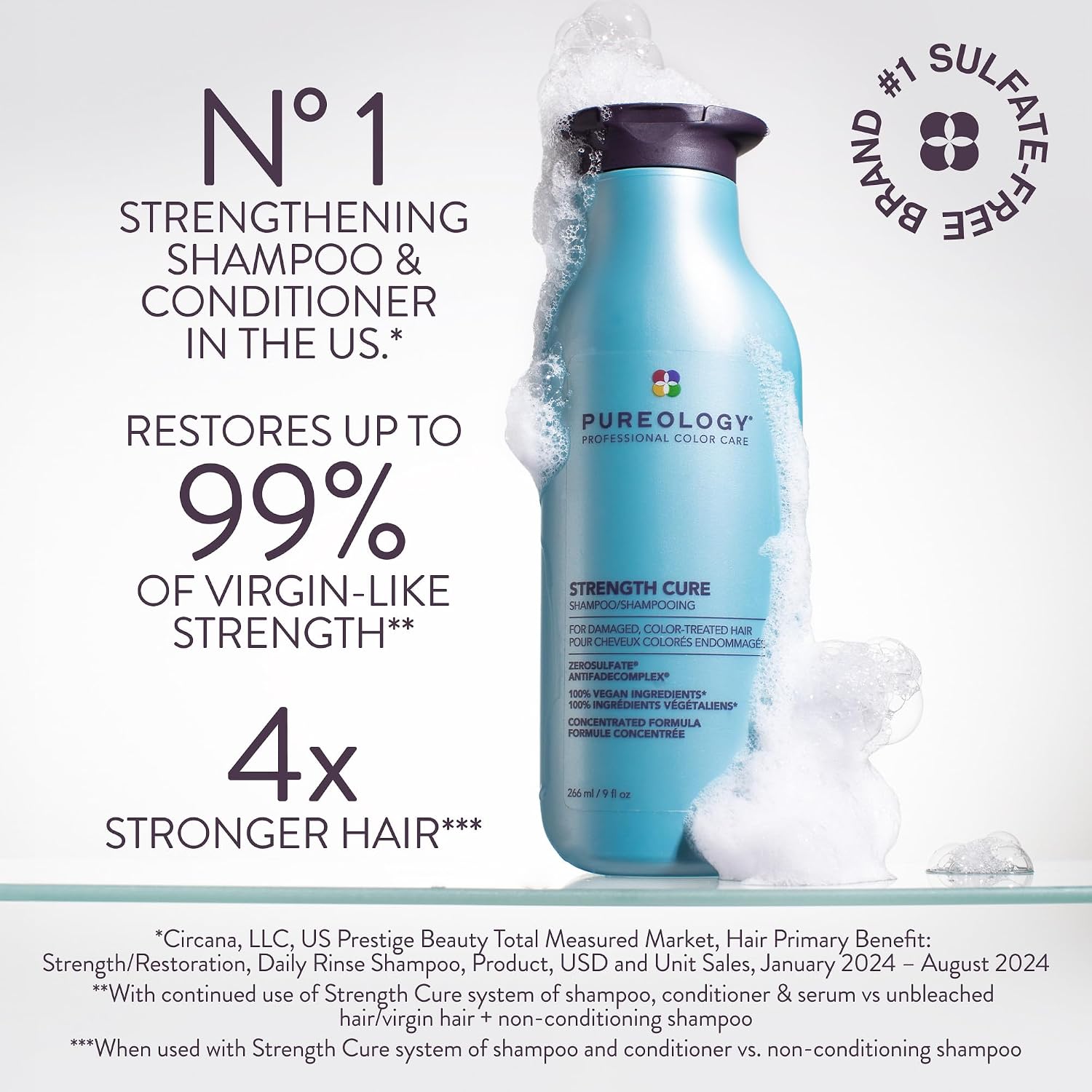 Pureology Strength Cure Shampoo - For Damaged Or Color Treated Hair, Hair Repair, Reduces Damage & Seals Split Ends, Protects Color Vibrancy, Vegan & Sulfate Free