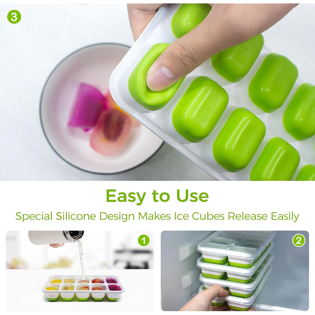 Doqaus Ice Cube Tray With Lids - 4 Pack Stackable Silicone Ice Trays For Freezer, Bpa & Lfgb Safe, Easy Release For Kitchen, Rv, Cocktail, Coffee, Soup & Food