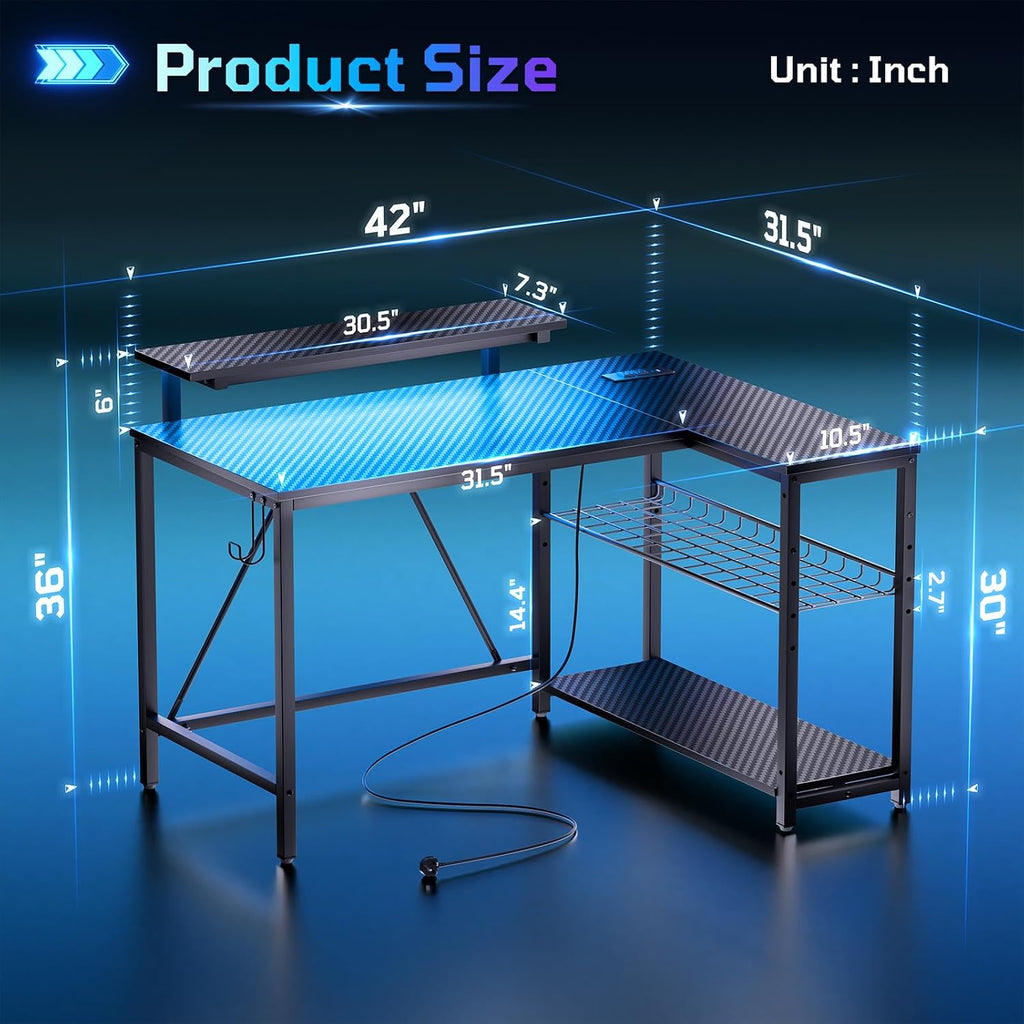 Bestier Gaming Desk With Power Outlets, 42" L-Shaped Computer Desk With Led Lights, Desk With Reversible Storage Shelves & Hooks For Small Spaces, Bedrooms & Offices, Black Carbon Fiber