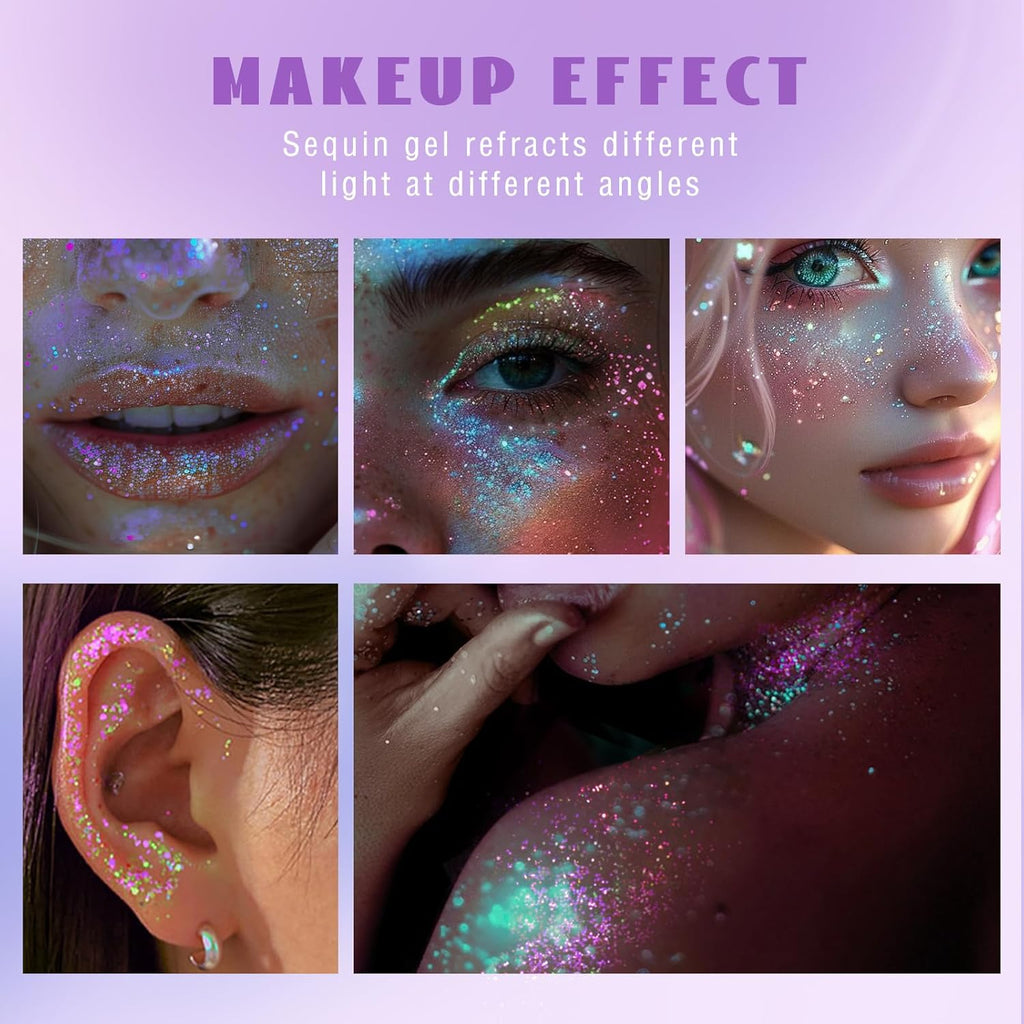HOSAILY Roll-on Holographic Body Glitter Gel for Face Hair, Chameleon Color Changing Glitter Gel Under Light, Chunky Mermaid Sequins Festival Party Rave Accessories Shimmer Makeup (Sparkling Pink)