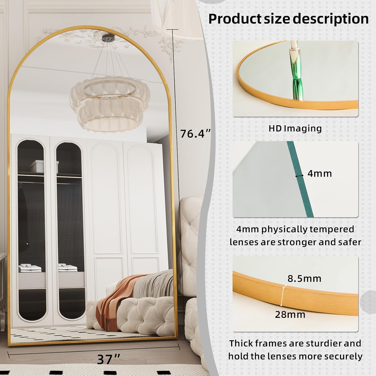 Lft Huimei2Y Arched Full Length Mirror, 76.4"X37" Oversize Full Body Floor Tempered Mirror With Aluminum Alloy Frame For Living Room, Bedroom, Gym, Gold
