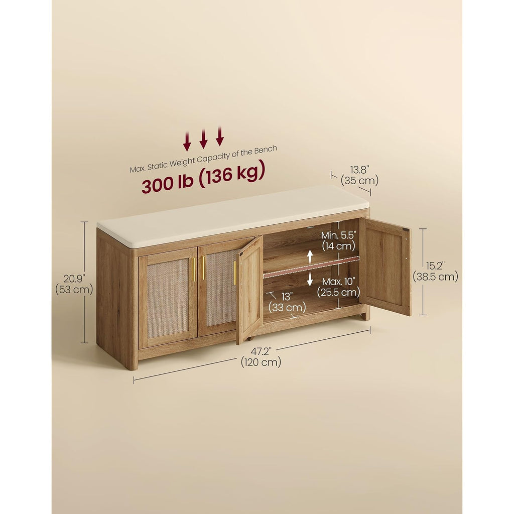 Vasagle Ellan Collection - Boho Shoe Bench With Cushion, Entryway Storage Bench With 4 Rattan-Look Cabinet Doors, Rounded Corners, Adjustable Shelf, For Bedroom Under Window, Natural Brown Ulsb502Kc01