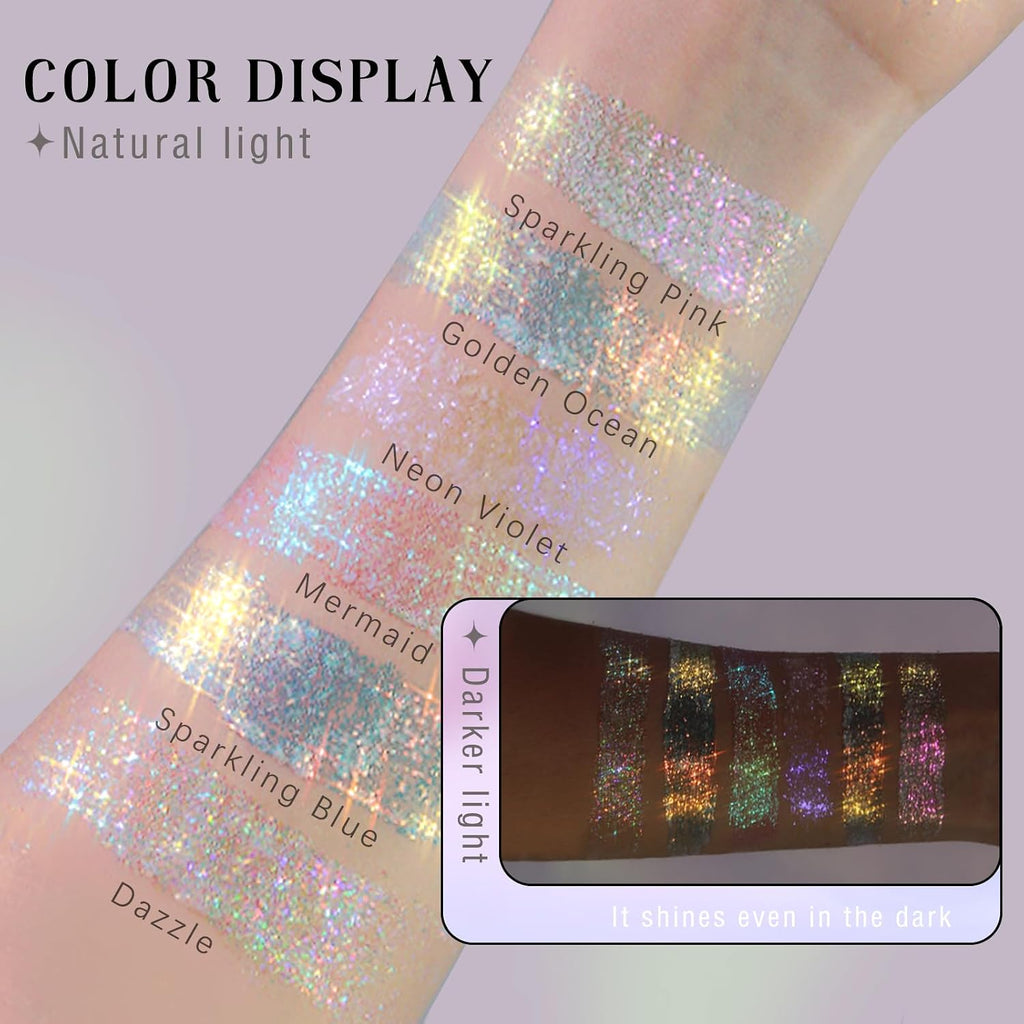 2 Colors Roll-On Body Glitter Gel, Holographic Glitter Gel Under Light For Face Hair, Body Shimmer For Rave Accessories Christmas New Year Halloween Makeup (Golden Ocean+Neon Violet)