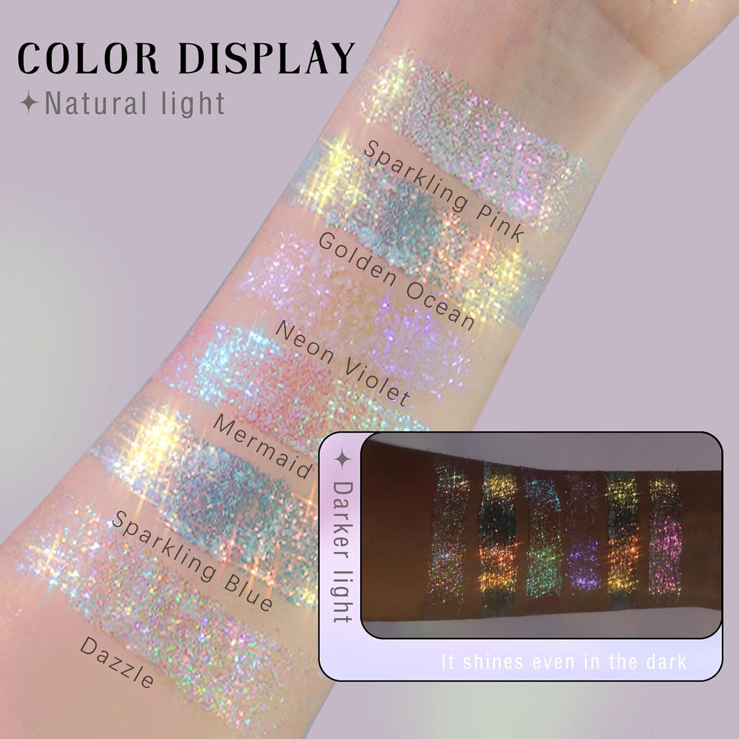 HOSAILY 2 Colors Roll-on Body Glitter Gel, Holographic Glitter Gel Under Light for Face Hair, Body Shimmer for Rave Accessories Christmas New Year Halloween Makeup (Golden Ocean+Neon Violet)