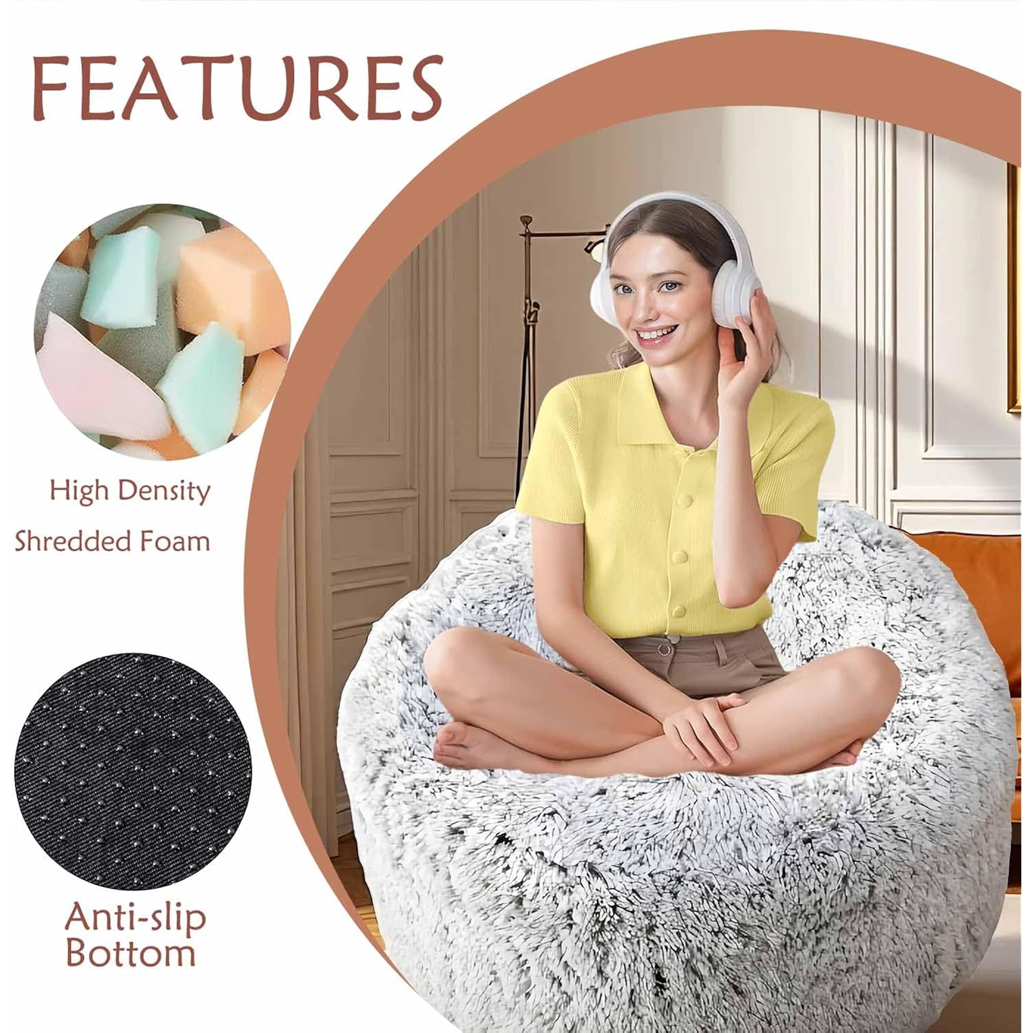 Plush Faux Fur Bean Bag Chairs, Memory Foam Filled Sofa Chair Shape Bean Bag For Adults/Teens/Kids, Ultra-Soft Lazy Sofa For Living Room Bedroom College Dorm, Grey