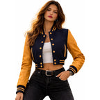 Cropped Varsity Jacket Women - Premium Quality Leather And Wool Baseball Letterman Jacket For Women'S, Long Sleeve
