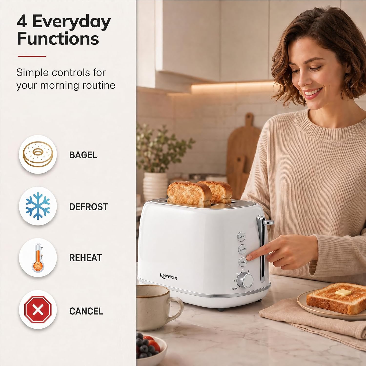 Keenstone Toaster 2 Slice, Retro Wide Slot Stainless Steel Toaster With 6 Browning Levels, Reheat & Defrost, For Bagel, Toast, Bread, Kitchen Essentials, Removable Crumb Tray, White