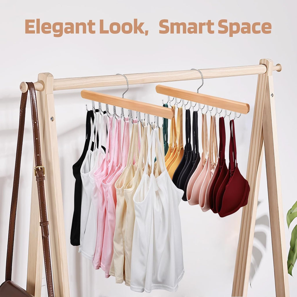 Necamocu 2 Pack Bra Hanger For Closet Organizer, Premium Tank Top Hangers | Wooden Bra Holder With 36 Foldable Hooks, 360° Rotating Design, Space Saving Storage For Tank Tops, Bras, Belts, And More