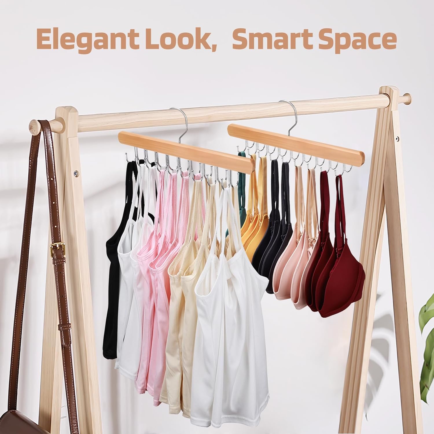 Necamocu 2 Pack Bra Hanger For Closet Organizer, Premium Tank Top Hangers | Wooden Bra Holder With 36 Foldable Hooks, 360° Rotating Design, Space Saving Storage For Tank Tops, Bras, Belts, And More