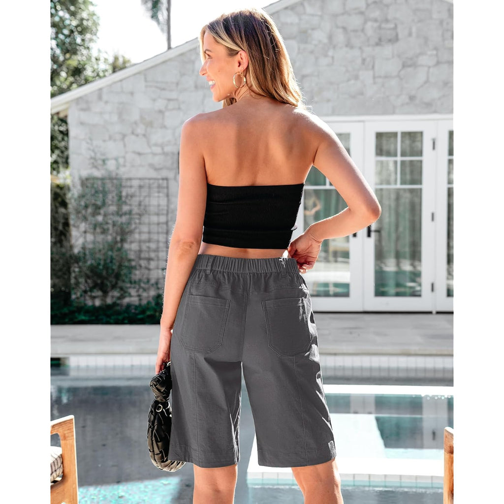 Bermuda Shorts for Women Knee Length High Waisted Cotton Elastic Waist Summer Dressy Casual Long Chino Shorts