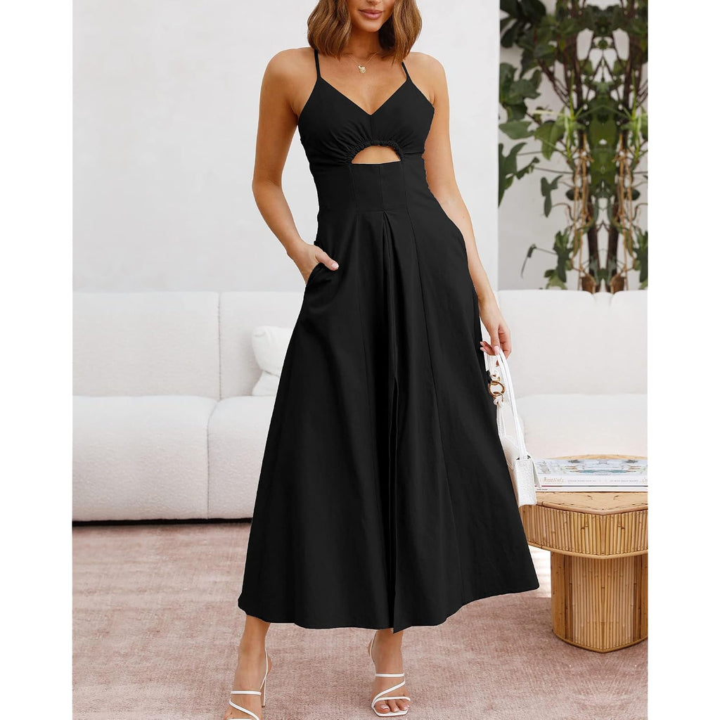 Btfbm Women 2026 Spaghetti Strap Midi Summer Dresses Sleeveless V Neck Cutout Slit Casual Beach Party Maxi Dress Pockets