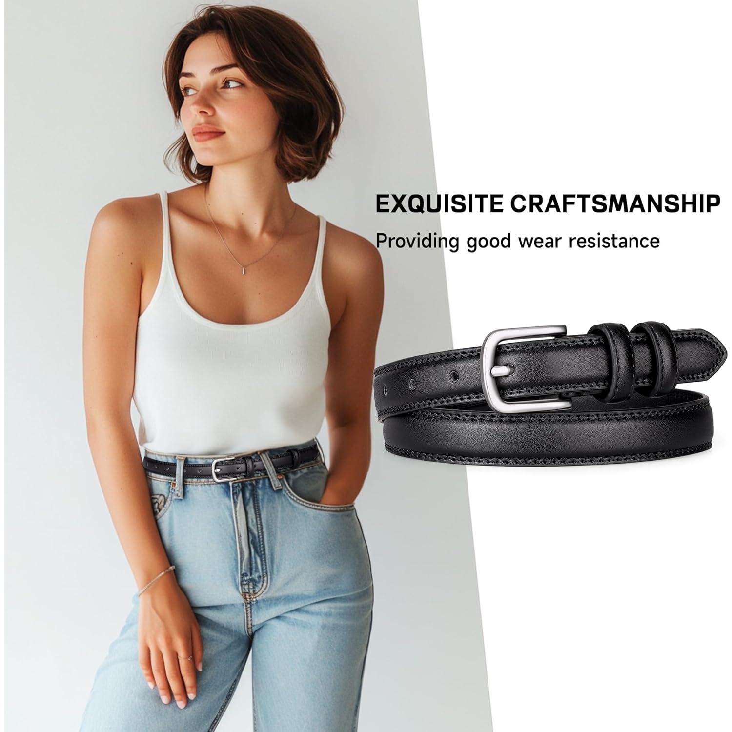 2 Pack Leather Belts for Women Trendy, Women's Belts for Jeans Pants Dresses with Silver Buckle