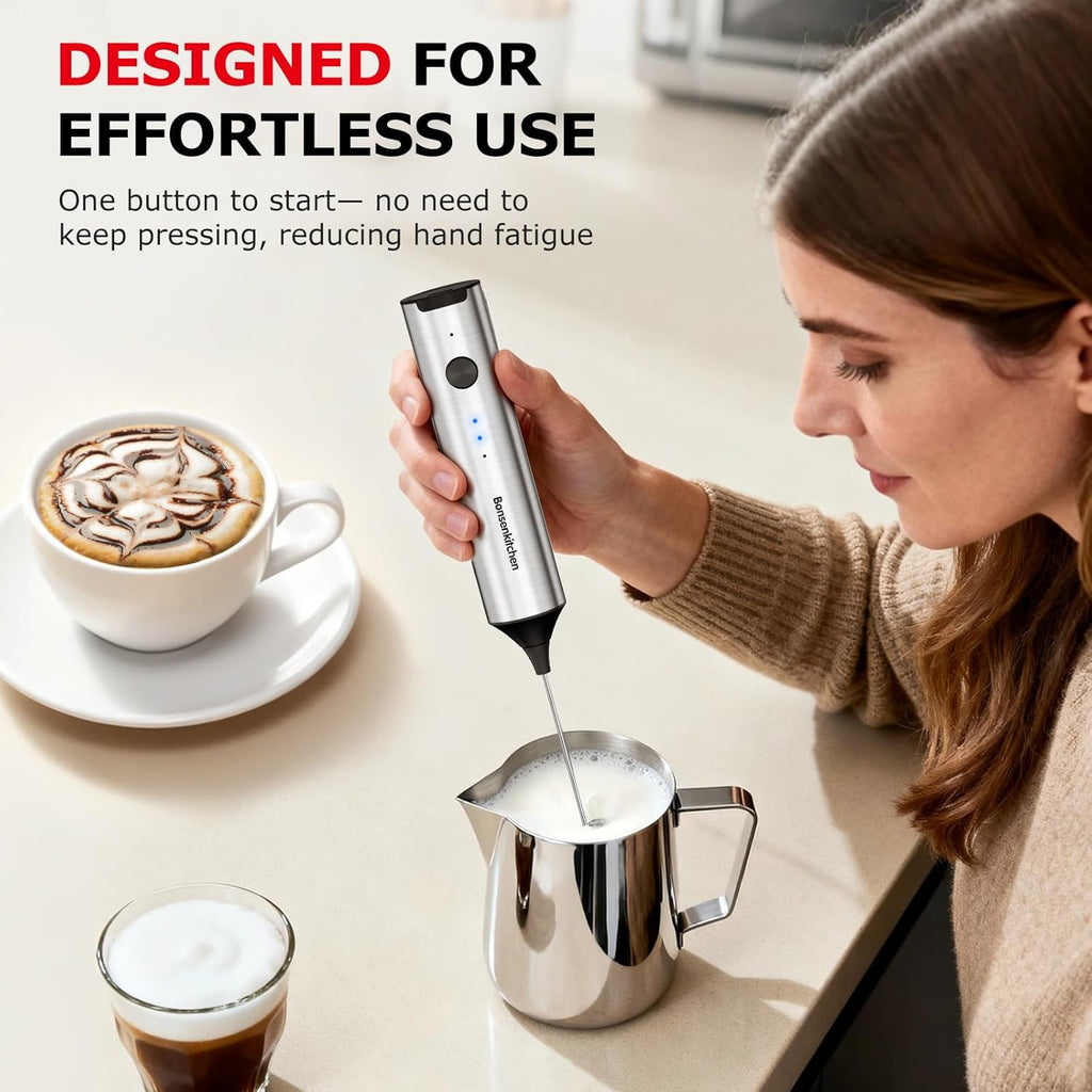 Bonsenkitchen Rechargeable Milk Frother with Stand, 3-Speed Handheld Coffee Frother, Dual Spring Whisk Electric Hand Frother Wand Drink Mixer for Matcha Lattes Cappuccino, Kitchen Gifts
