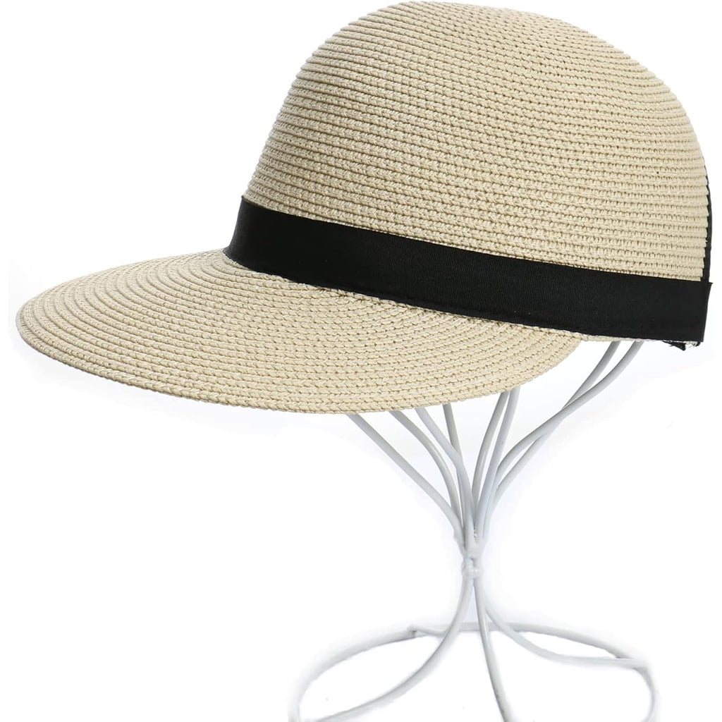 Summer Visor Hats for Women Foldable Floppy Solid Color Straw Sun Hat Travel Beach Baseball Cap Beige