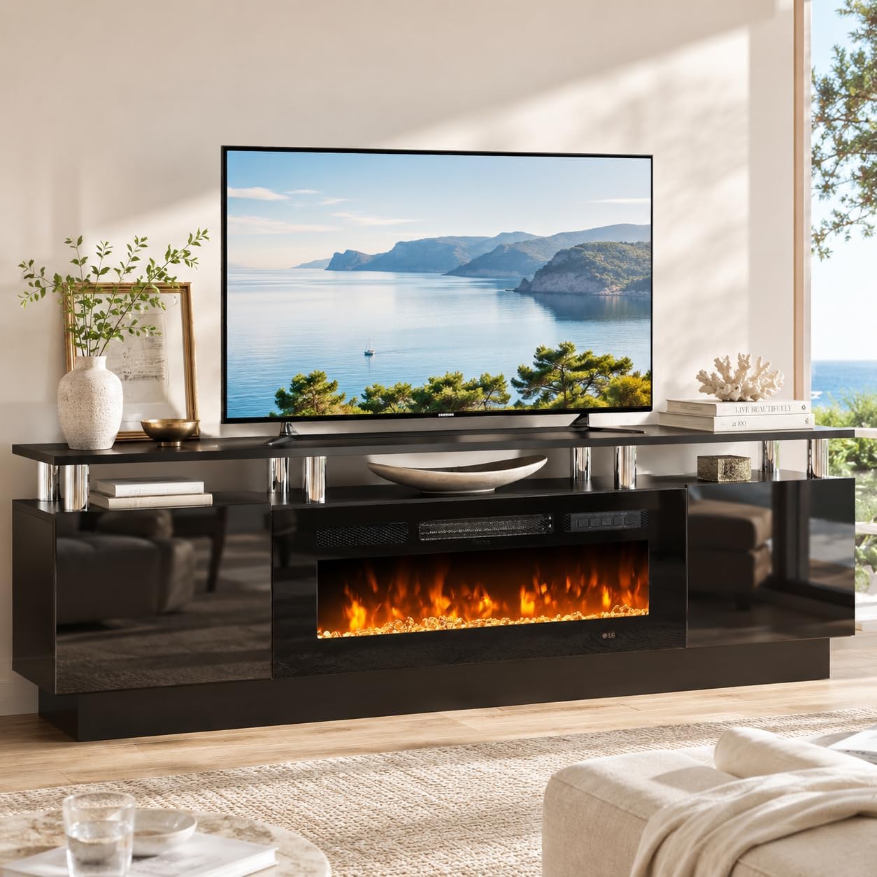 70" Tv Stand For Living Room, Modern Entertainment Center & Media Console, Fits Tvs Up To 80", Storage Cabinet With Shelves, 36" Electric Fireplace With Led Flame (All Black)