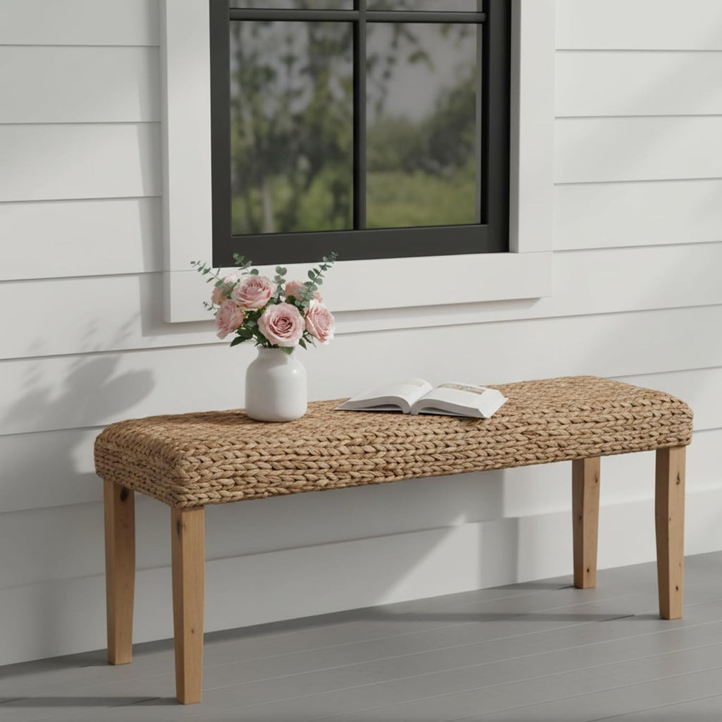 Solid Wood Acacia Indoor Bench, 47 Inch, Fishbone, Water Hyacinth | Natural Woven Seat, Living Room Or Entryway, Bedroom End Of Bed Or Dining, Window Bench