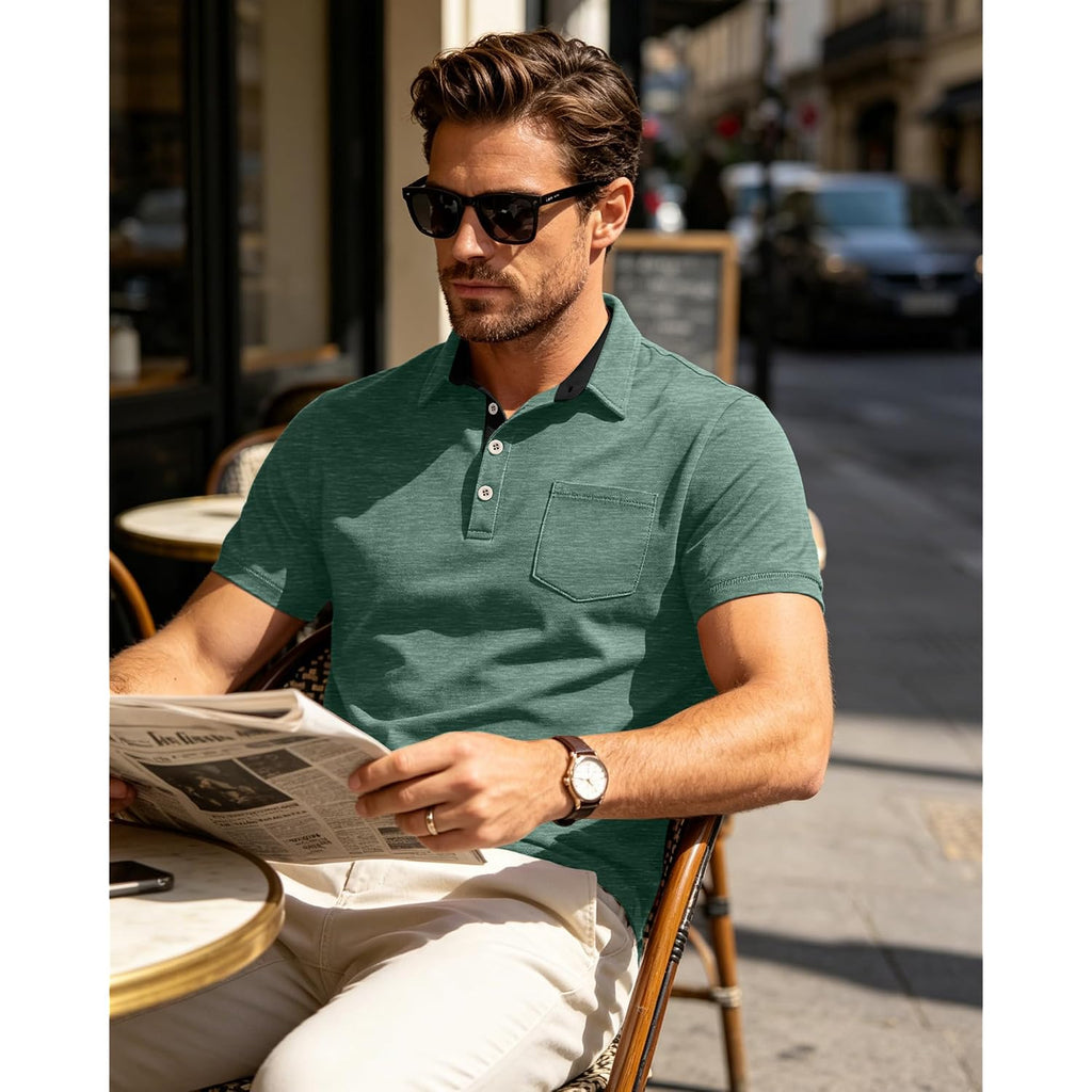 Mens Short Sleeve Polo Shirts Collared Business Casual Polo T Shirts With Pocket