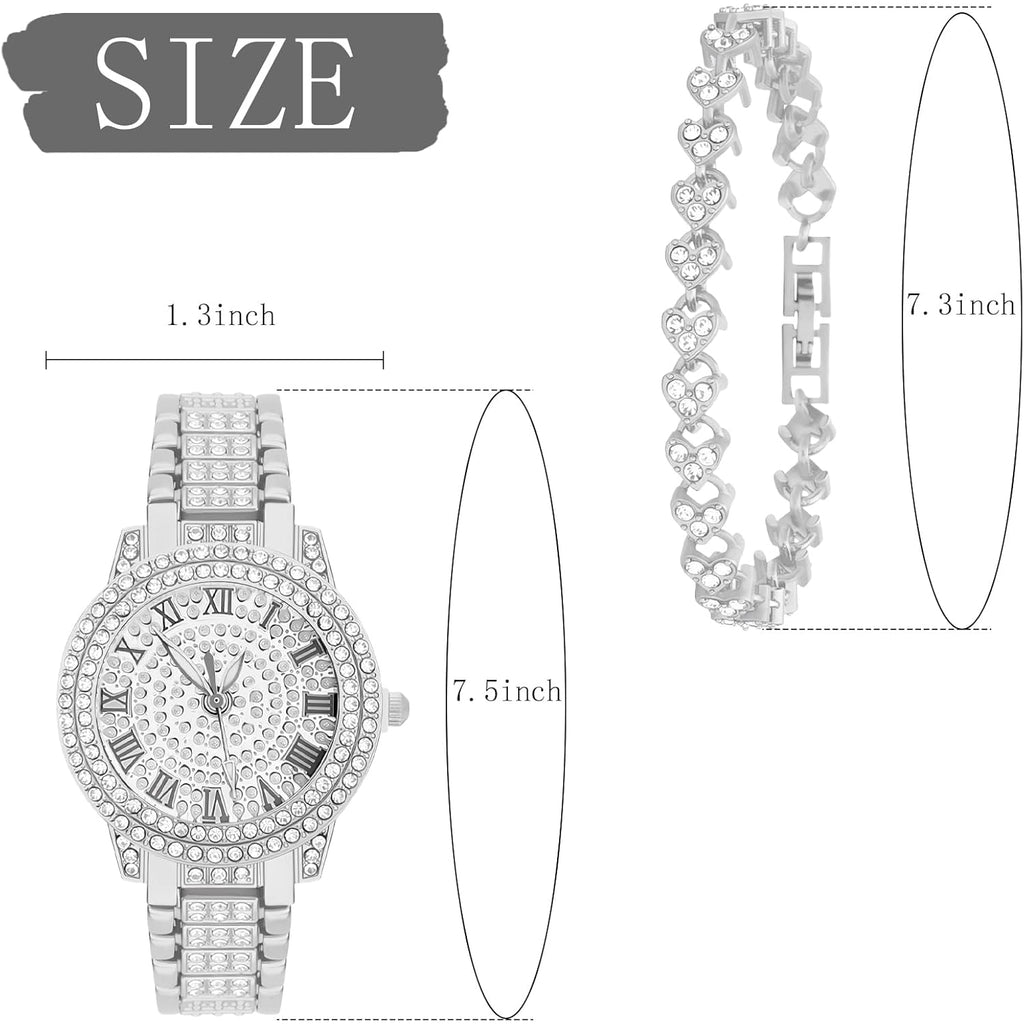 NEWITIN 2 Pieces Women Diamond Watch Bracelet Set Luxury Fashion Jewelry Cubic Zirconia Wristwatch Bracelet Gold Watch Jewelry Set for Women
