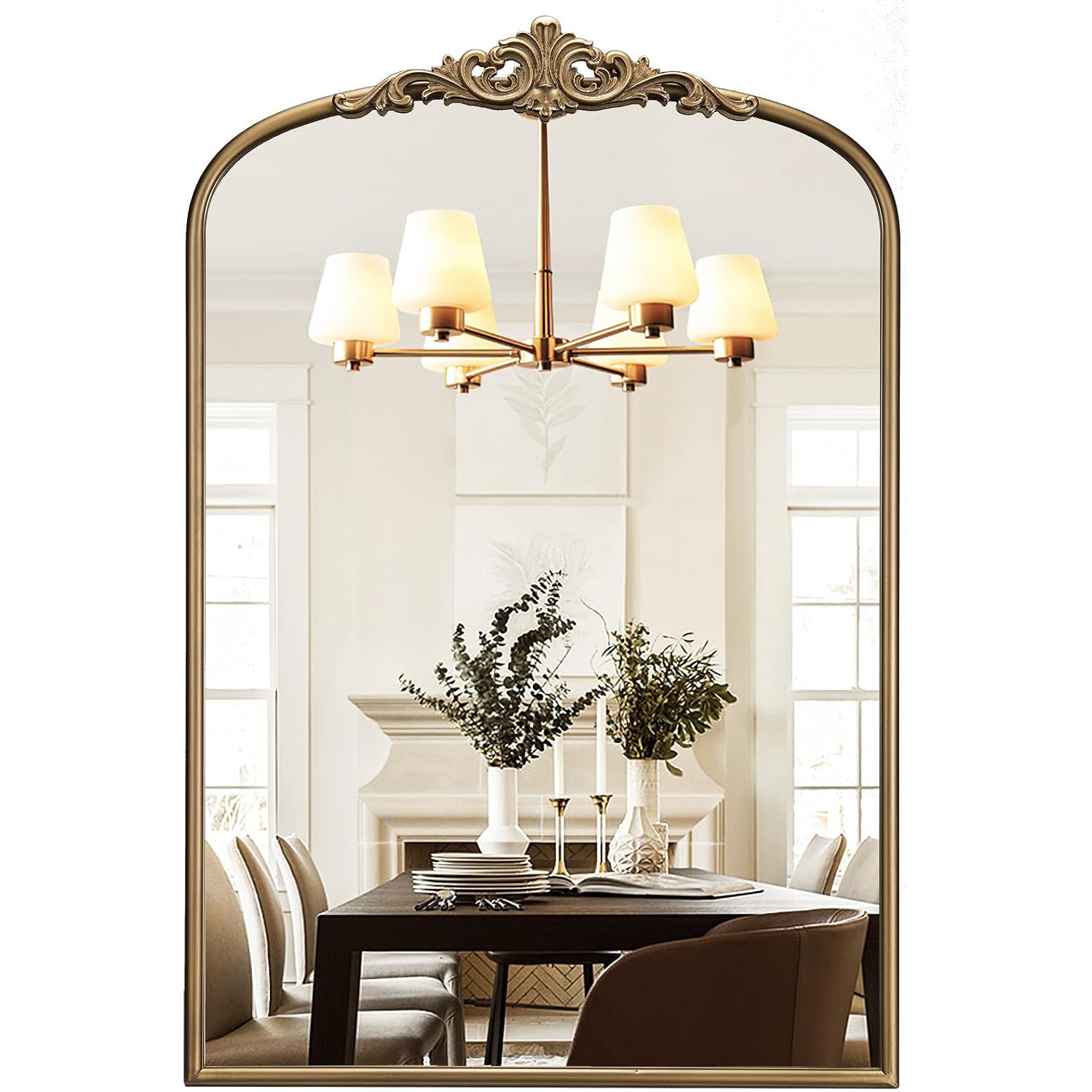 Vintage Gold Mirror, 24"X36" Antique Gold Bathroom Arched Wall Mirrors, Ornate Arch Brass Baroque Mirror Over Sink, Bedroom, Fireplace, Entryway, Living Room, Hanging Or Leaning