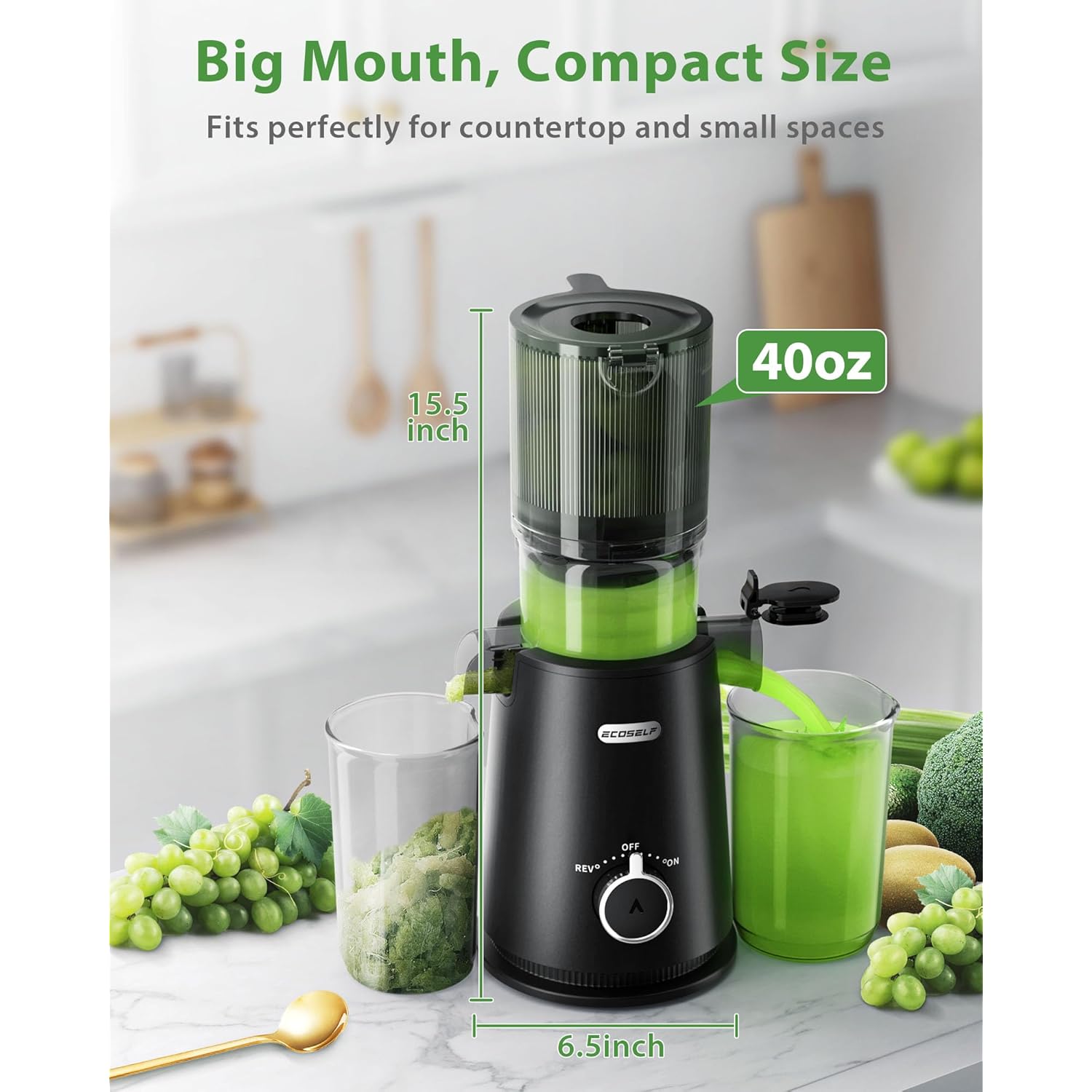 ECOSELF Juicer Machines Easy to Clean, With Wide Mouth & Large Feed Chute For Whole Fruits & Vegetables, Slow Masticating Juicer Hands-Free, Quiet Motor, Cold Press Juicer For Family, With Pusher