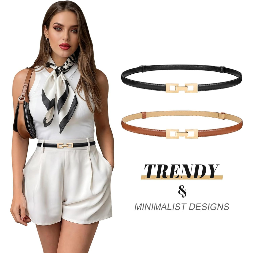 WERFORU 2 Pack Women Skinny Belt Thin Waist Belt for Pants Leather Belt with Gold Buckle for Jeans Dress,0.6" width