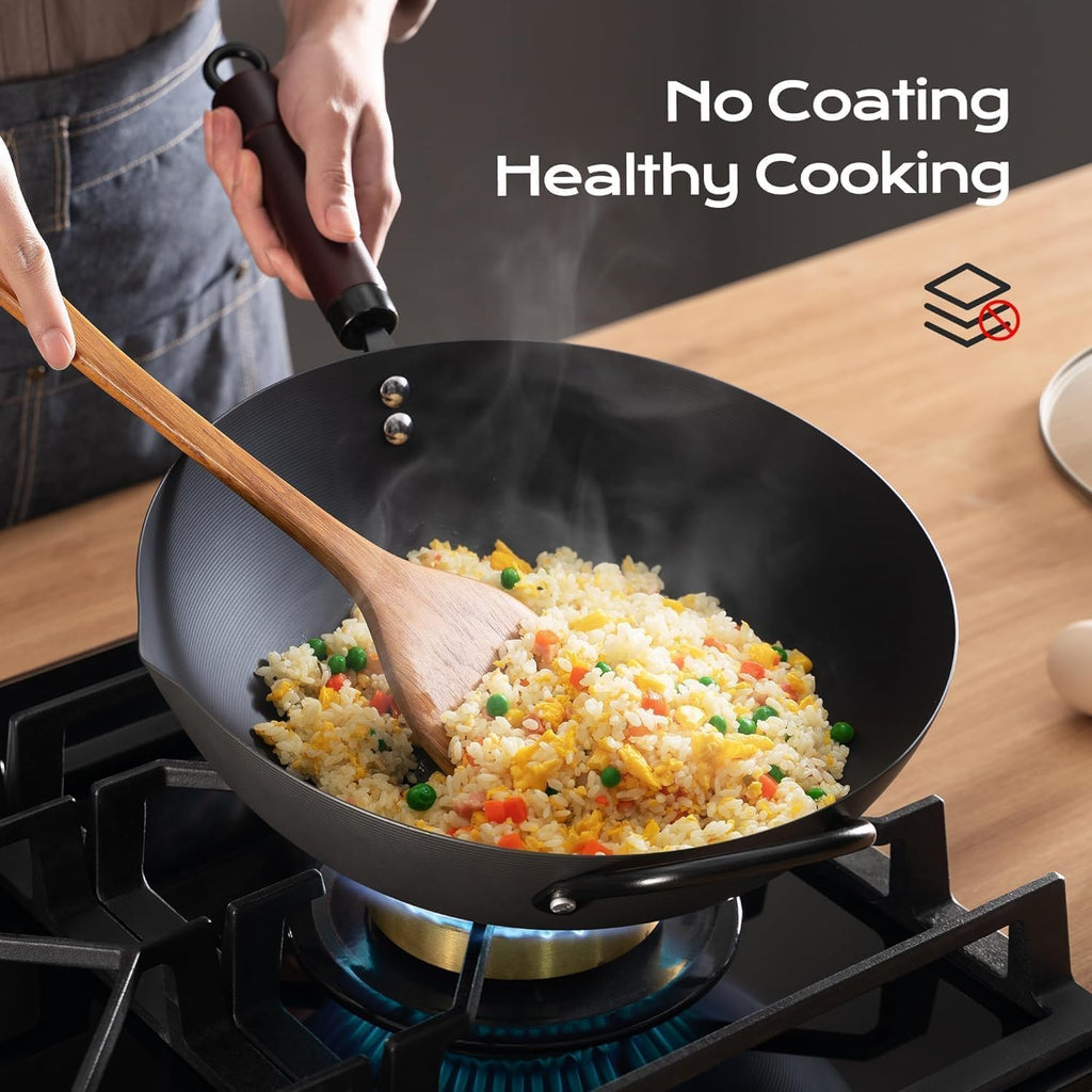 Wok, 13 Inch Carbon Steel Woks & Stir-Fry Pans Nonstick | Pre-Seasoned 5.8Qt Flat Bottom Chinese Wok Paella Pan With Lid,Pfoa/Ptfe Free Cookware Compatible With All Cooktops