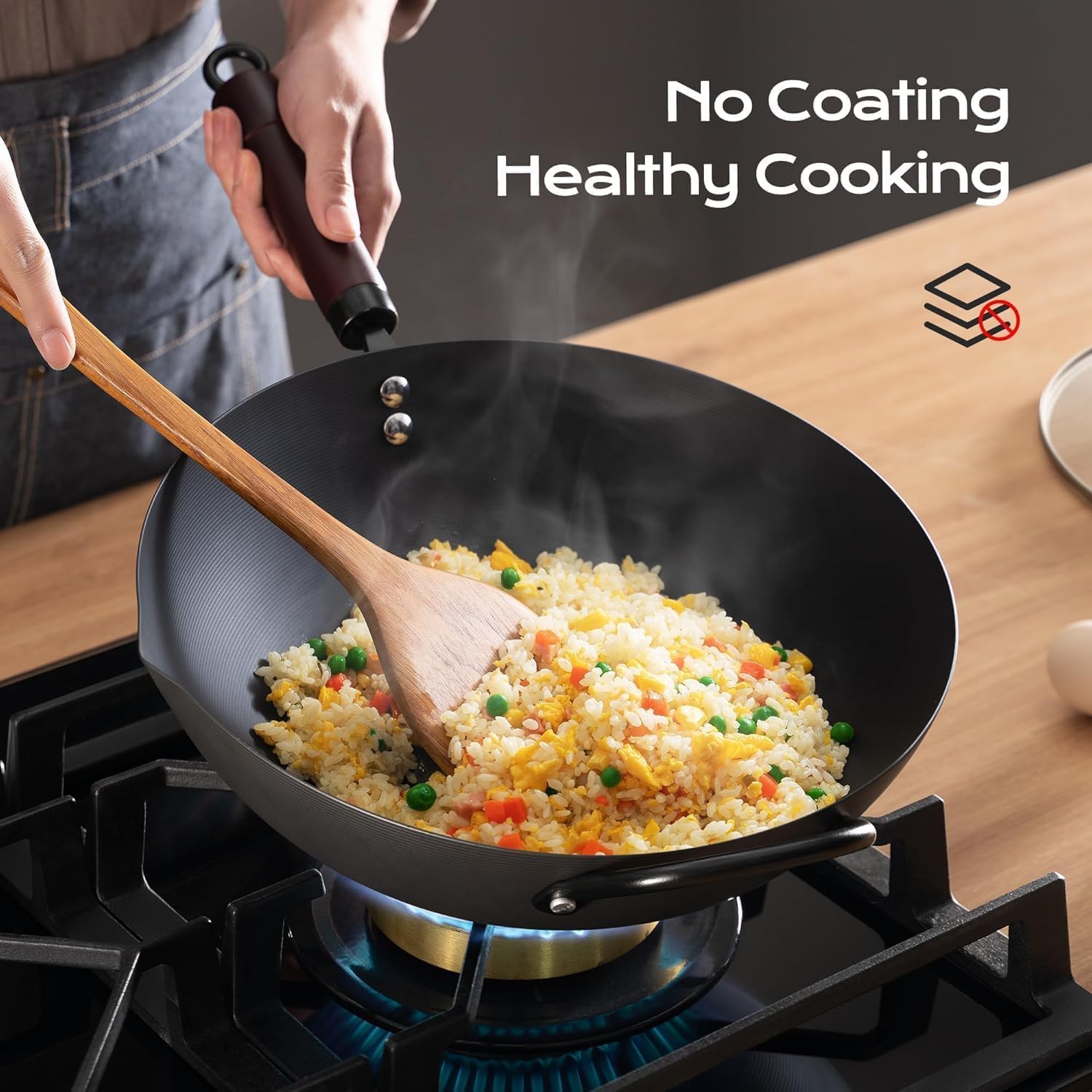 Wok, 13 Inch Carbon Steel Woks & Stir-Fry Pans Nonstick | Pre-Seasoned 5.8Qt Flat Bottom Chinese Wok Paella Pan With Lid,Pfoa/Ptfe Free Cookware Compatible With All Cooktops