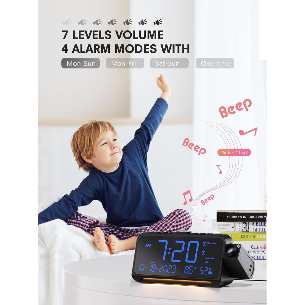 Mesqool Projection Alarm Clock Ceiling Display, With Temperature, Humidity | Dual Alarms, 5-Level Dimmer, Date, Night Light, Weekday/Weekend Mode, 12/24H, Dst, , Snooze, 180° Rotatable, For Bedroom