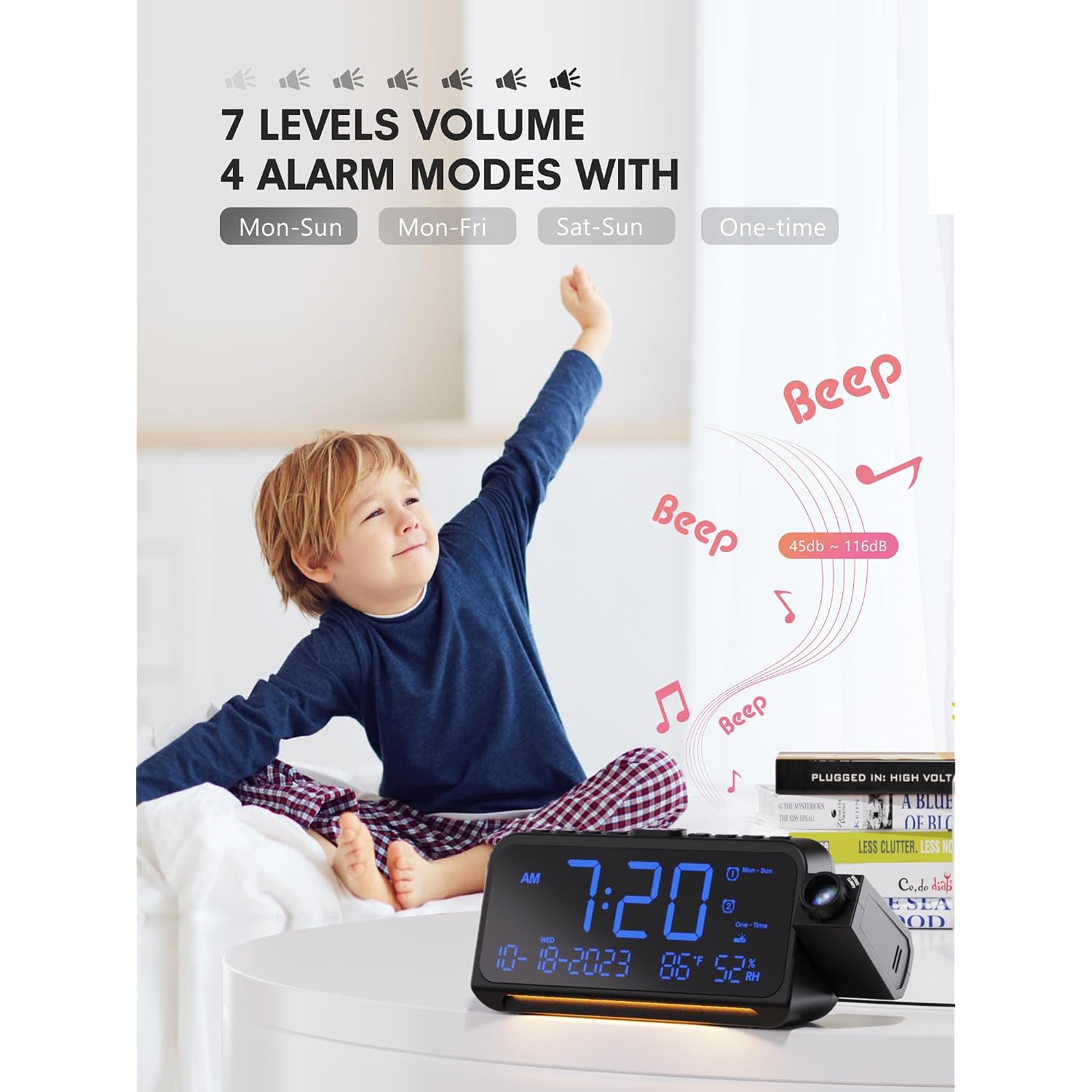 Mesqool Projection Alarm Clock Ceiling Display, With Temperature, Humidity | Dual Alarms, 5-Level Dimmer, Date, Night Light, Weekday/Weekend Mode, 12/24H, Dst, , Snooze, 180° Rotatable, For Bedroom