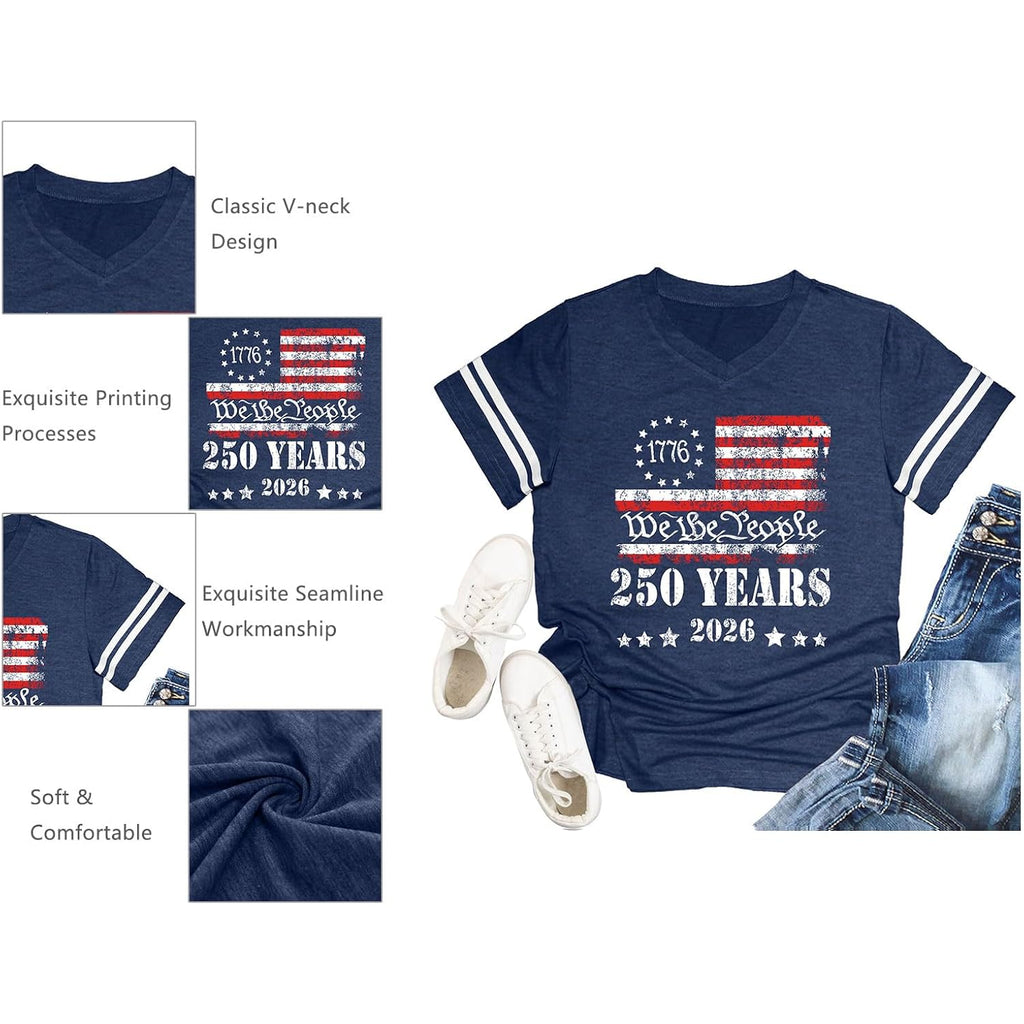 American Flag Shirts Women Patriotic Shirt 4th of July Tee Tops V-Neck Short Sleeve Summer T-Shirt