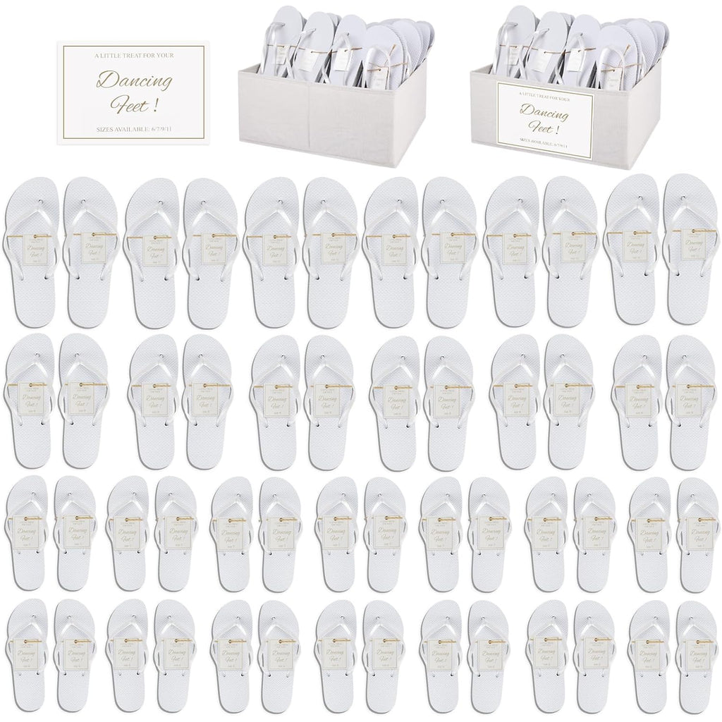 24/36/48 Pairs Flip Flops Bulk For Wedding Guests, Women Wedding Sandals & 1/2 Collapsible Linen Storage Bins & Display Sign, Comfortable Bride Slippers For Reception Beach Pool Party Favors