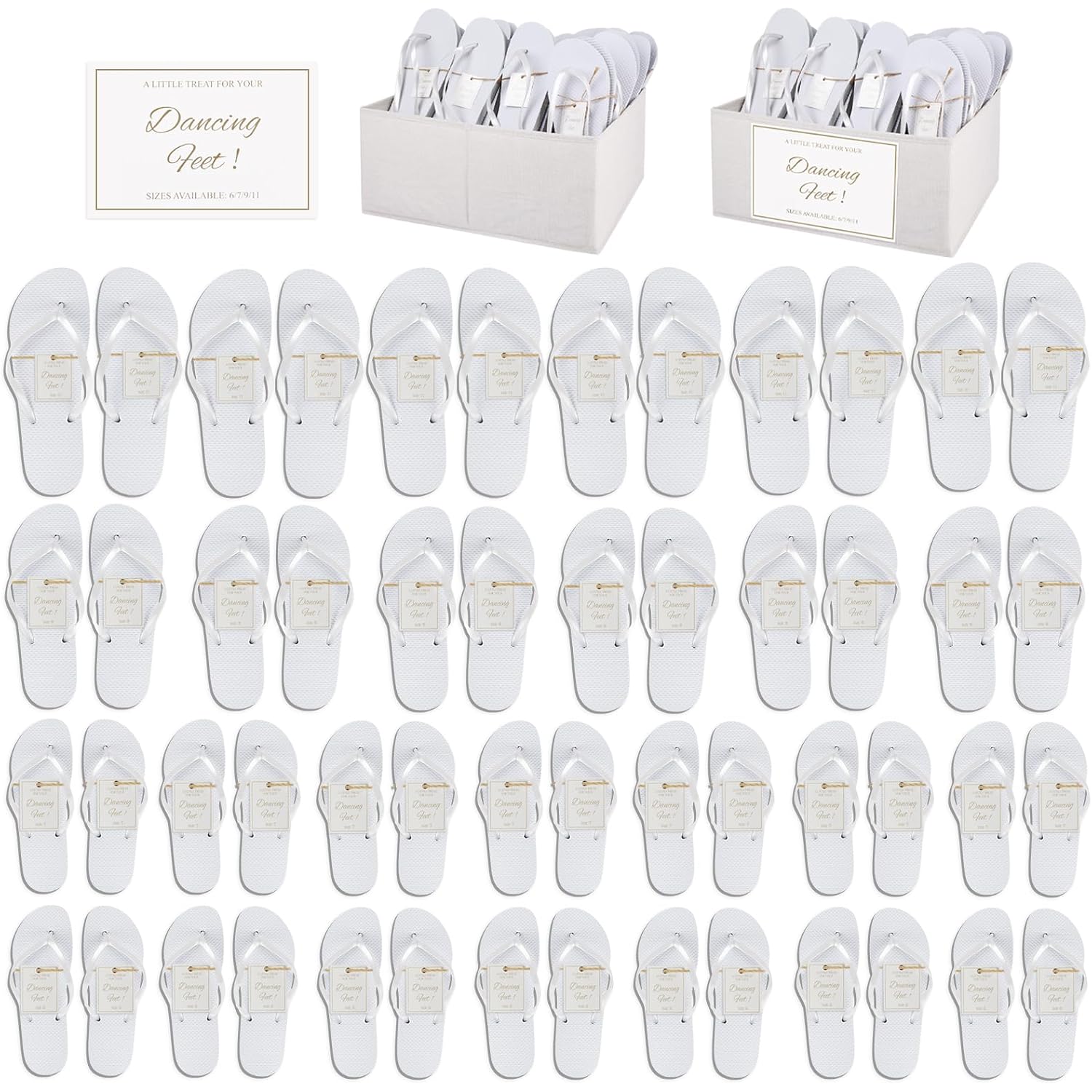 24/36/48 Pairs Flip Flops Bulk For Wedding Guests, Women Wedding Sandals & 1/2 Collapsible Linen Storage Bins & Display Sign, Comfortable Bride Slippers For Reception Beach Pool Party Favors