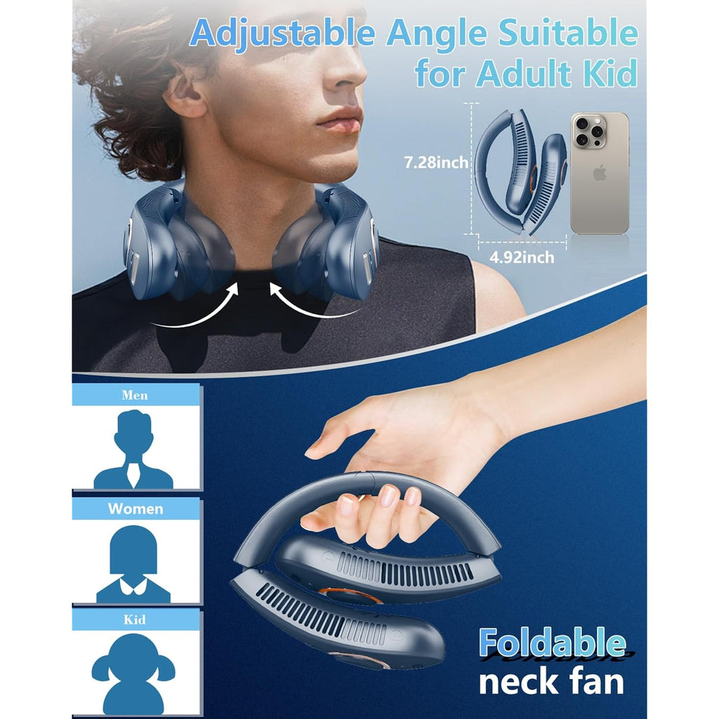 Neck Fan With Mist Spray, Bladeless Fans That Blow Cold Air, 5 Speeds, 2 Mist Modes, Usb-C Rechargeable, Led Battery & Wind Display, Folding For Outdoor Travel Work, Women Men Kids Gifts (Blue)