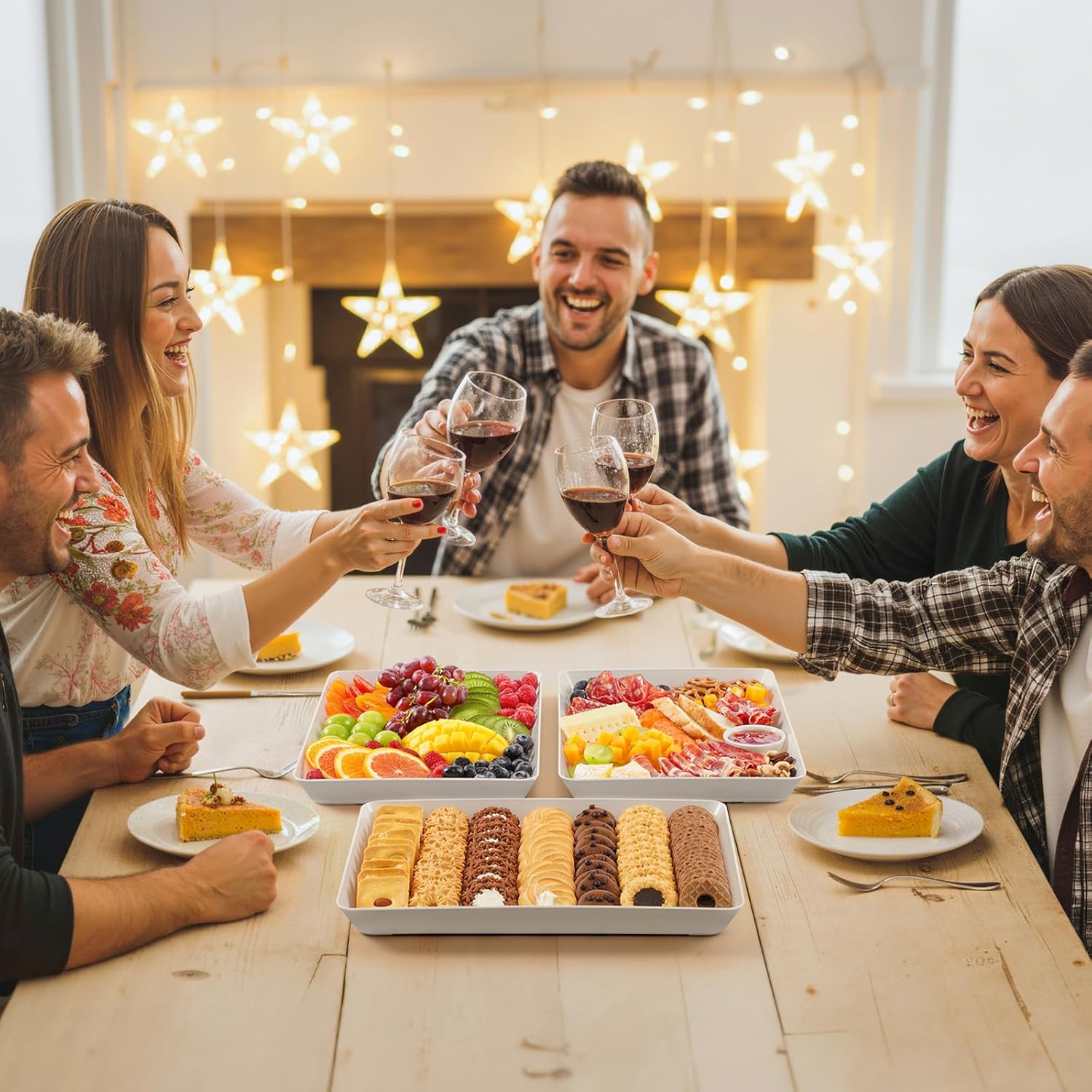 Lifewit Serving Tray for Party Supplies, Reusable Serving Platter for Catering, Snack, Fruit, Charcuterie, Appetizer, Plastic Food Trays, Hosting Essentials, BPA Free, White, 4 Pcs
