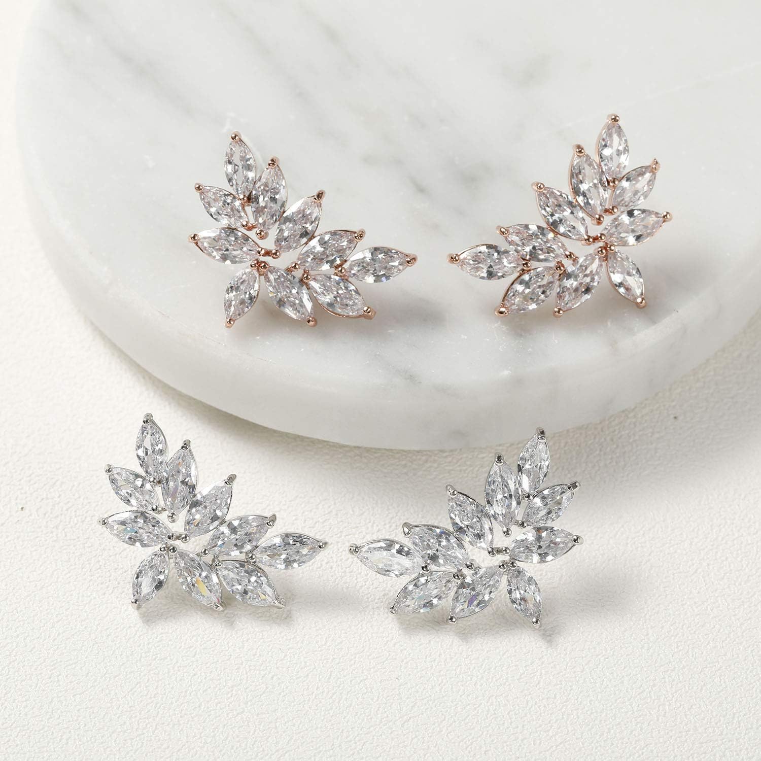 SWEETV Bridal Wedding Earrings for Brides Bridesmaid, Marquise Cubic Zirconia Rhinestone Cluster Earrings for Women, Prom