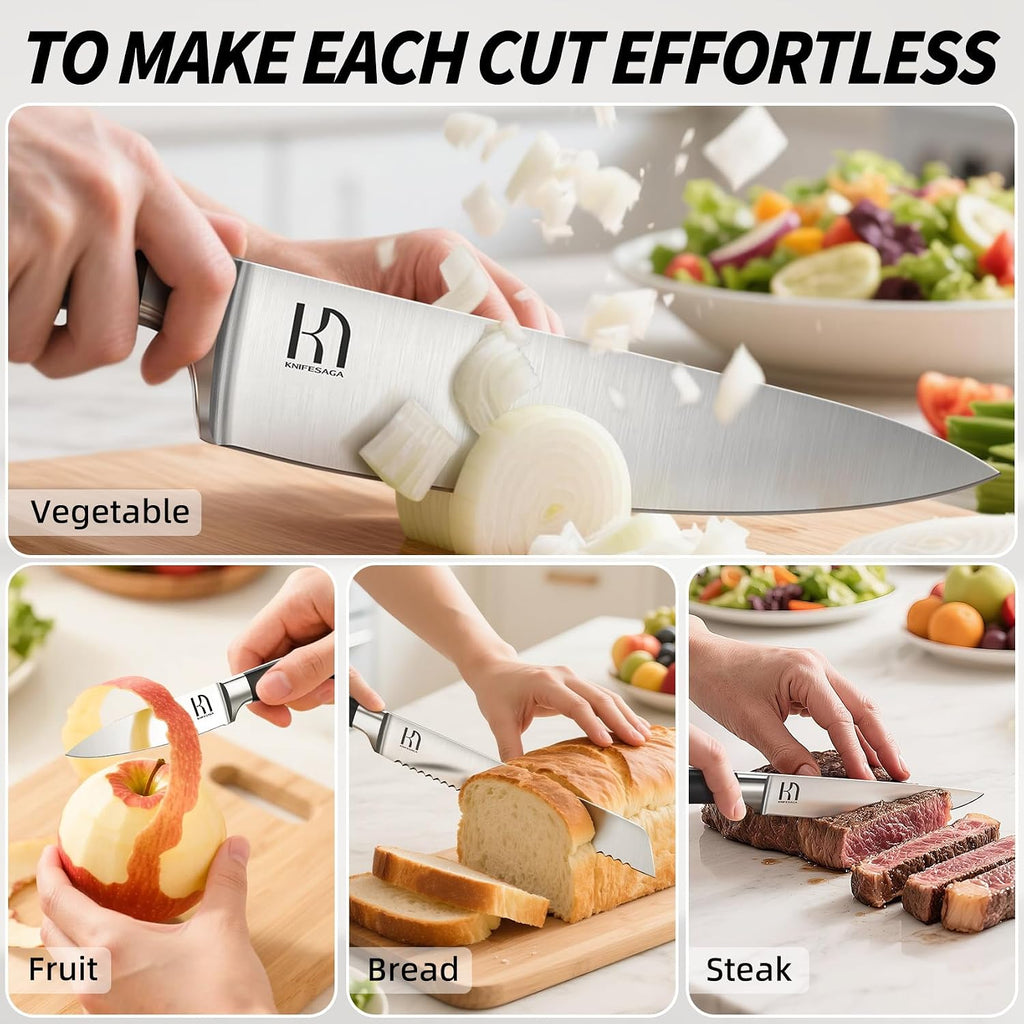 Knifesaga Knife Set, 15 Pcs Kitchen Knife Block Sets With Sharpener, Japanese High Carbon Stainless Steel Set Of Knives, Premium Razor Sharp Black Knives Set With Block For Kitchen, Ergonomic Handle