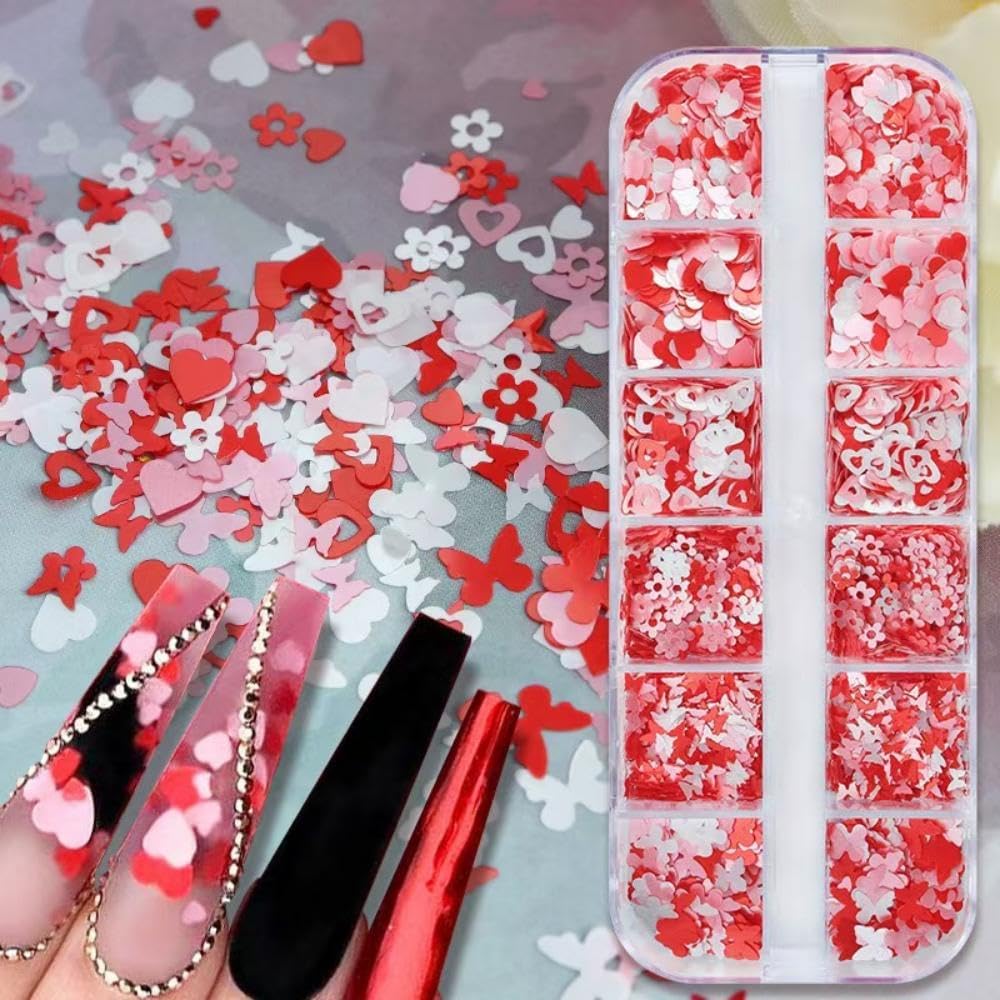 2 Box Pink Nail Art Glitter Valentine's Day Nail Sequins Flakes with Heart Star Design Manicure Fine Glitter Flower Nail Stickers Decals Supplies Nail Charms for Women DIY Nail Art Decorations