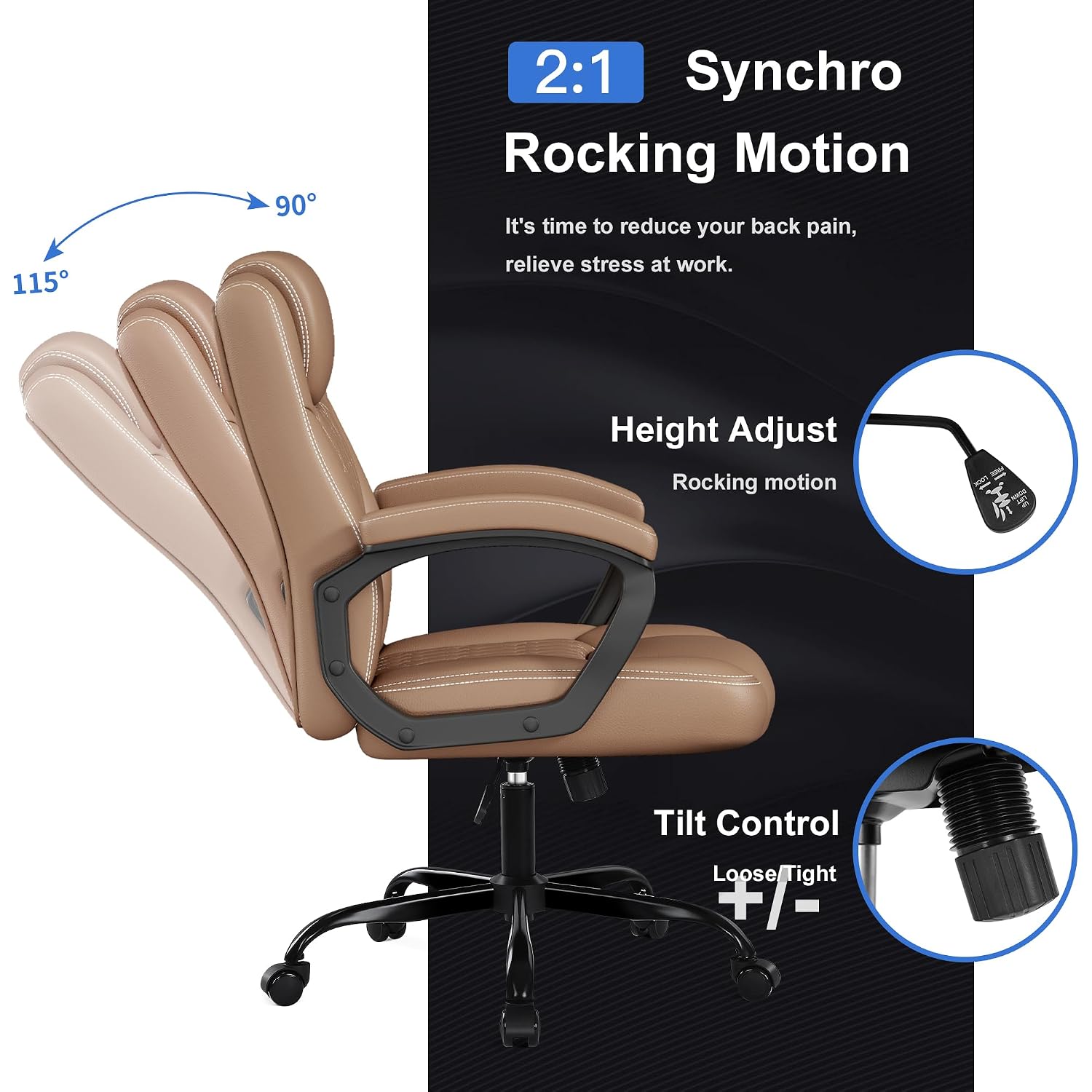 Misolant Office Chair, Executive Desk Chair, Pu Leather Comfortable Ergonomic Chairs With Fixed Armrest, Adjustable Height, Rocking Function, 360° Swivel Wheels, Brown