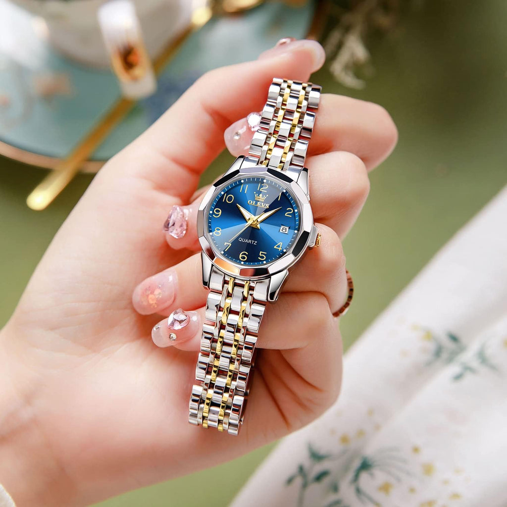 Olevs Womens Watch Fashion Dress Diamond Female Watches For Ladies Analog Quartz Stainless Steel Waterproof Luminous Day Date Two Tone Wristwatch