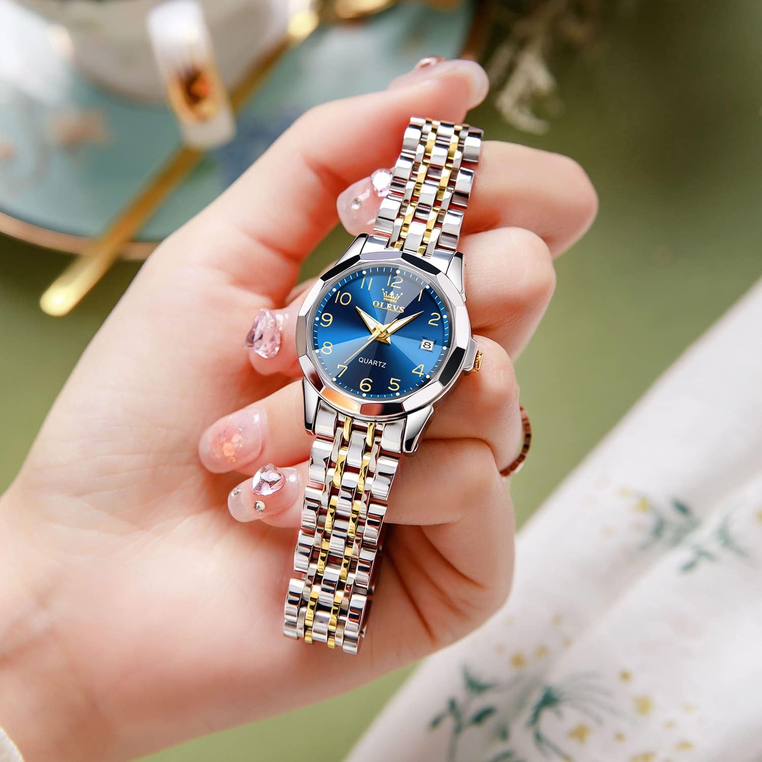 Olevs Womens Watch Fashion Dress Diamond Female Watches For Ladies Analog Quartz Stainless Steel Waterproof Luminous Day Date Two Tone Wristwatch