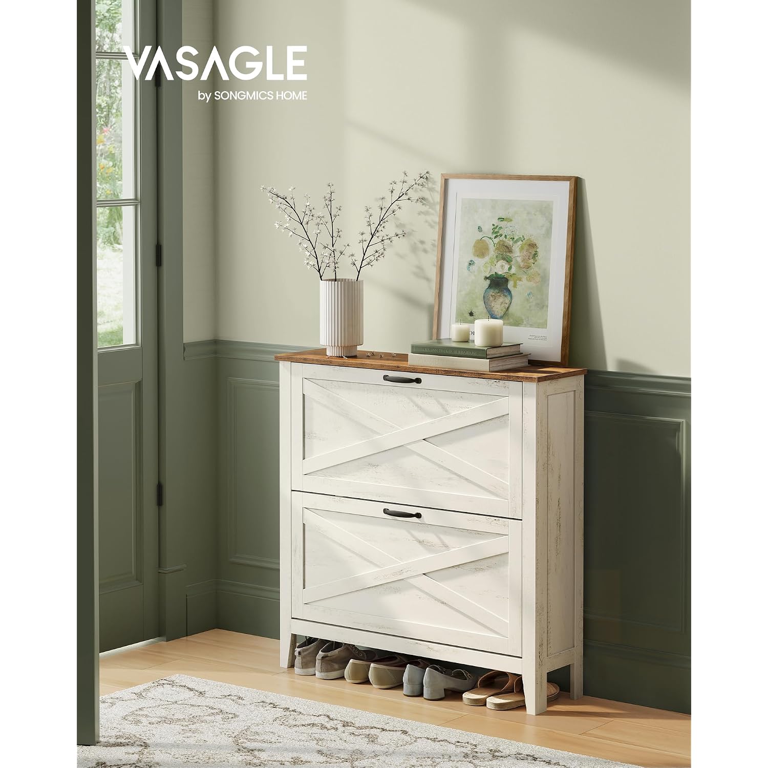 Vasagle Liry Collection - Shoe Storage Cabinet Organizer With 2 Flip Drawers, Freestanding Narrow Shoe Rack Cabinet For Entryway, Farmhouse Style, Fits 12 To 16 Pairs, Rustic White Uhsc201W01