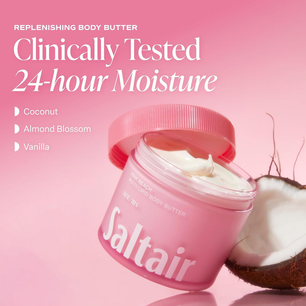 Saltair Multi-Lipid Body Butter – Hydrating 24-Hour Moisture – Body Cream For Soft Skin & Barrier Support – Ceramides, Coconut Oil & Shea Butter For Dry Skin Care – Pink Beach 10Oz
