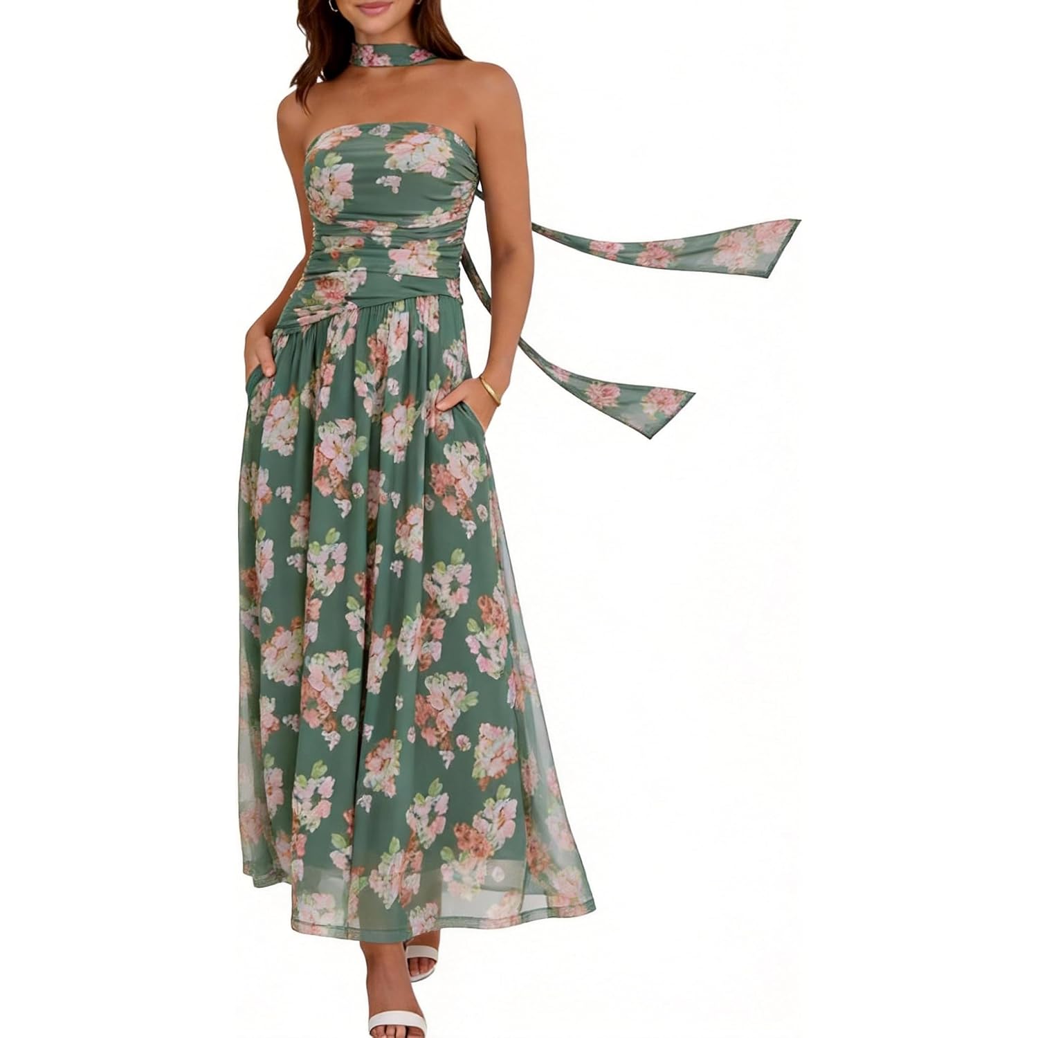 Summer Maxi Dresses For Women 2026 Strapless Ruched Tube Dress With Scarf Beach Vacation Spring Wedding Guest Dress Pockets