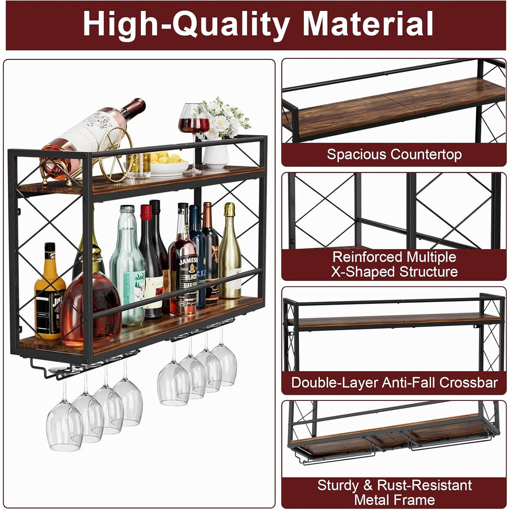 Wine Rack Wall Mounted 2 Tier Wall Wine Rack With Glass Holder, Double Layer Anti-Drop Crossbar, 31.5" Metal Wood Wall Mount Wine Holder For Home Kitchen Dining Room Coffee Shop Bar, Black